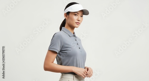 Woman in gray polo shirt wearing a visor against neutral background