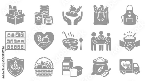 Foto Collection of icons representing food donation and charity services for those in need