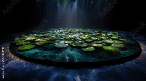 Mystical water lily pond in dark forest, glowing green lotus leaves on deep blue water, ethereal light beams illuminating a magical garden oasis