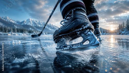 Hockey player skating on a frozen mountain lake during a beautiful golden winter sunset