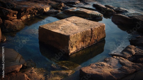 Natural stone podium in coastal rock pool, square rock pedestal for product display, organic sandstone block in water at sunset