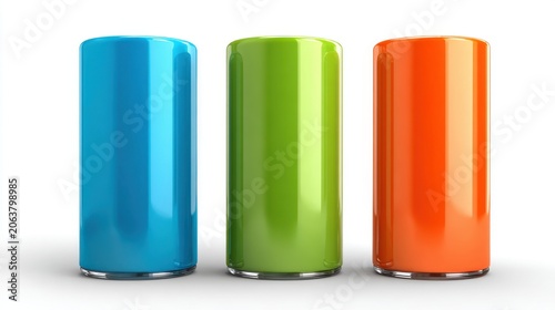 Colorful rechargeable lithium batteries in blue green and orange, set of three power cells, energy storage technology for portable electronics