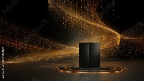 Luxury black podium with golden sparkling particles, elegant product display stage on dark background, premium pedestal for cosmetic or jewelry showcase