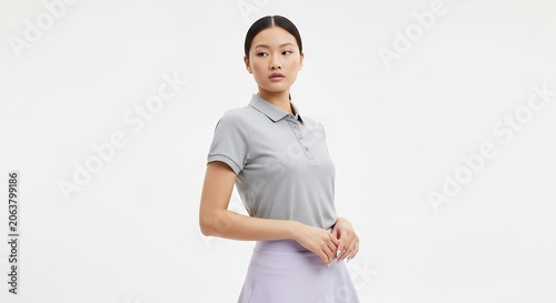 Woman in grey polo shirt and lavender skirt on white background