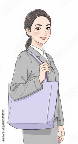 Woman in grey suit holds tote bag against a white background illustration