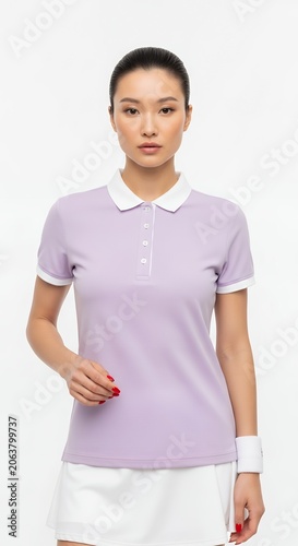 Woman in lavender polo shirt and white skirt isolated on white background