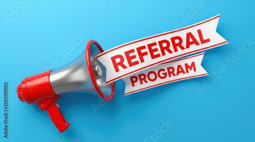 Red megaphone with referral program text on a ribbon showing communication and promotion concept.