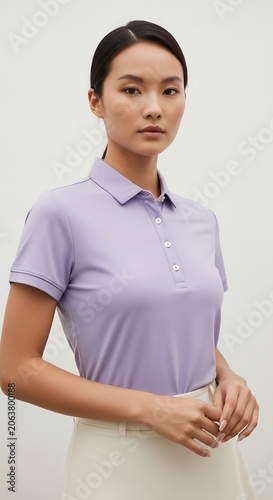 Woman in lavender polo shirt posing against a plain background