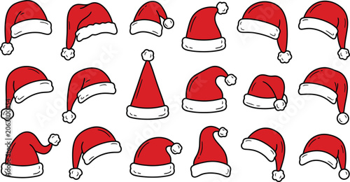 Photos Collection of various red santa hats with white trim isolated on white backgroun