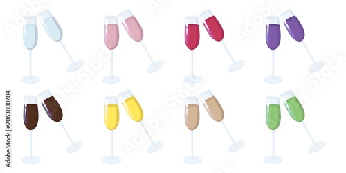 Eight pairs of champagne flutes clinking in a toast, each filled with colorful liquids in blue, pink, dark pink, purple, brown, yellow, beige, and green