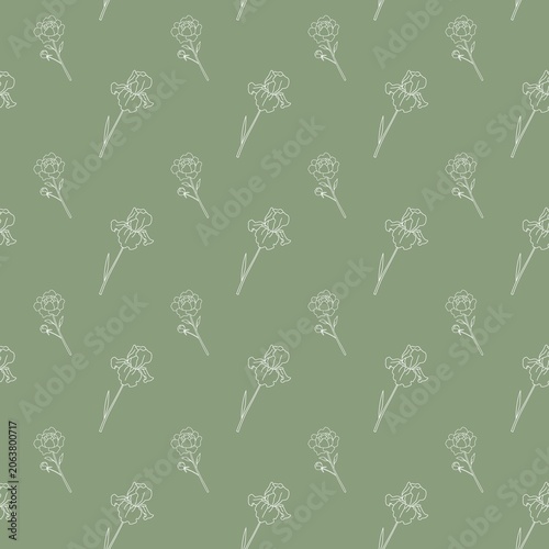 Seamless diagonal floral pattern with white line-drawn blossoms and stems on muted green background, minimalist botanical design for textiles