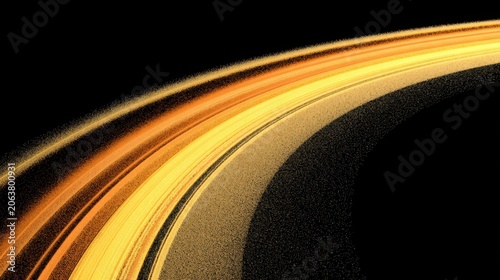Cinematic planetary rings in deep space, glowing golden orbital dust trails, cosmic light streaks against black background