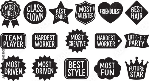Collection of black chalk lettering and doodles for party photo booth props or yearbook superlative awards like most likely clown smile talented friendliest hair team player.