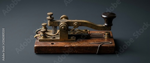 Antique Brass Morse Code Telegraph Key on Wood Base