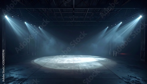 Spotlights shining down on empty stage.