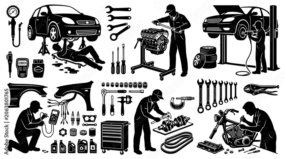 Obraz premium Mechanic equipment collection with workers repairing cars and tools in garage setting daily