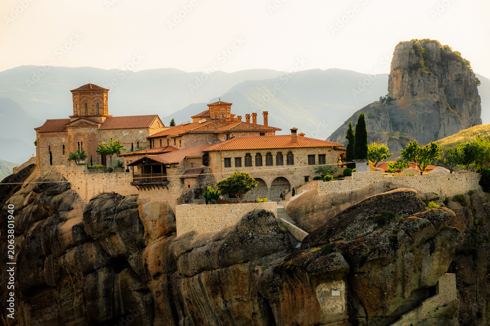 Fototapeta premium The monastery Meteora. Rocky monasteries complex in Greece near Kalabaka city. Monastery of the Holy Trinity