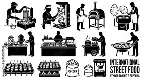 Tableau sur toile Street food vendors prepare and cook international cuisine with various equipmen