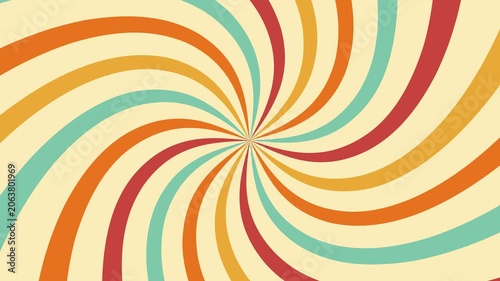 Seamlessly loopable animated video of a retro 70s swirl background with rotating colorful spiral waves. Vintage hypnotic twisted rays in red, orange, yellow and teal colors spinning on a cream backdro