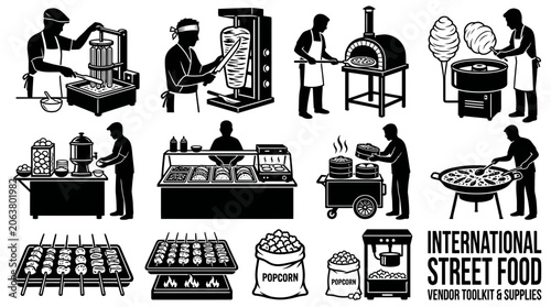 Quadro su tela Street food vendors prepare and sell international cuisine with various equipment and tools