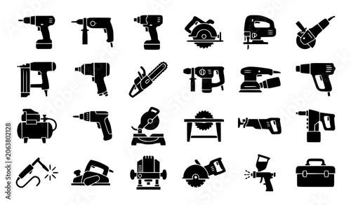 Tablou pe pânză Power Tools Black Icon Set with Construction Equipment Carpentry and Industrial