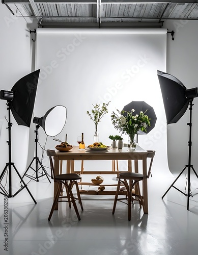 Studio photography setup with table still life.
