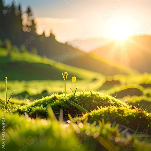 Sunrise over green mossy landscape hills.