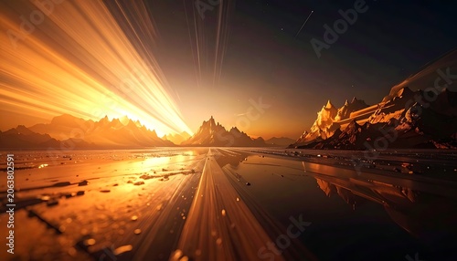 Sunset over mountain range landscape.