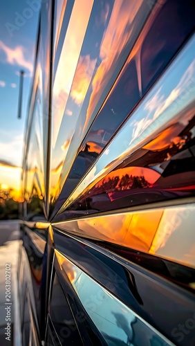 Sunset Reflected on Metallic Surface Closeup.