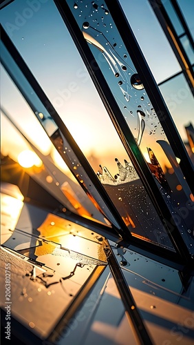 Sunset through a rainy window pane.
