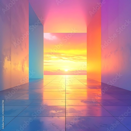 Sunset through modern architectural passageway.