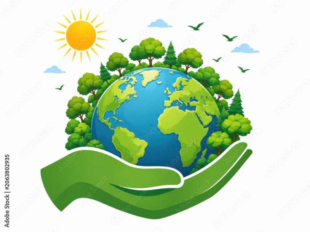 Naklejka premium A giant green hand holding a lush planet earth with trees and bright sunshine