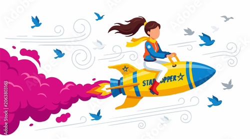 Billede på lærred Young woman riding a rocket, flying through the sky with birds
