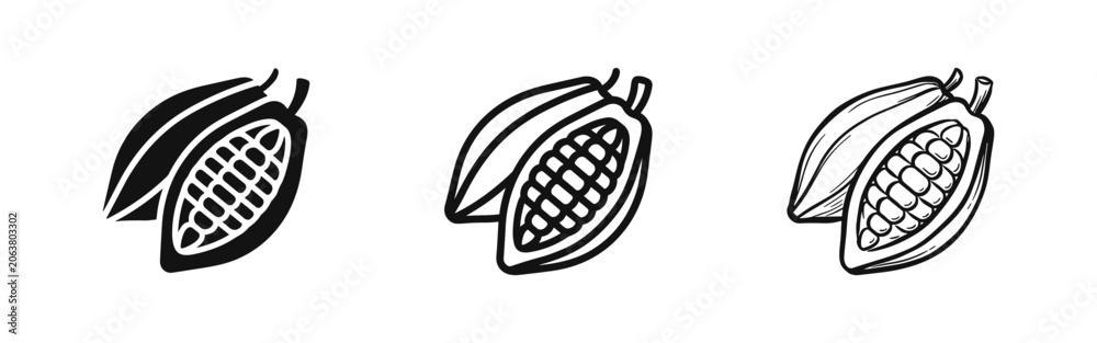 Obraz premium Cacao Pod and Bean Icons in Solid, Linear, and Sketched Art Variations