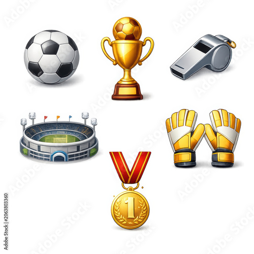 Set of colorful soccer icons with trophy ball stadium whistle and gold medal