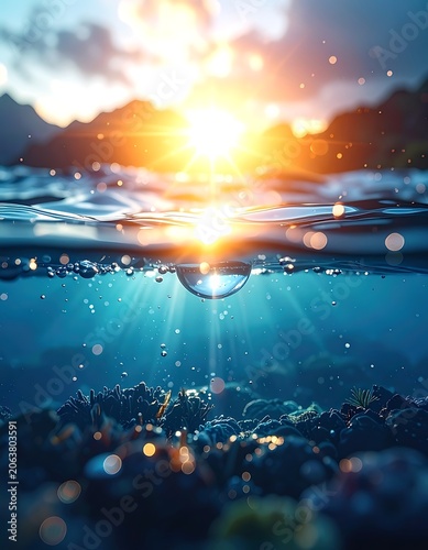 Underwater scene with sun rays shining.