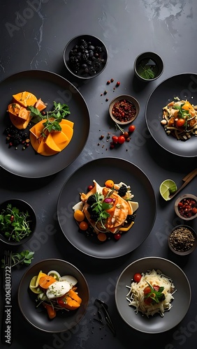 Variety of colorful food on plates.