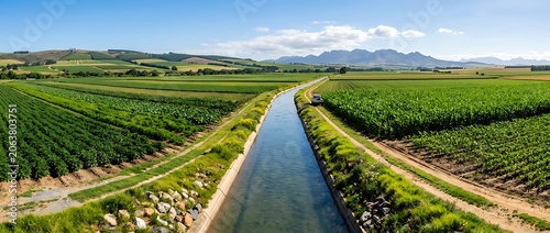 Panoramic view of a lush green agricultural landscape with an irrigation canal and mountains