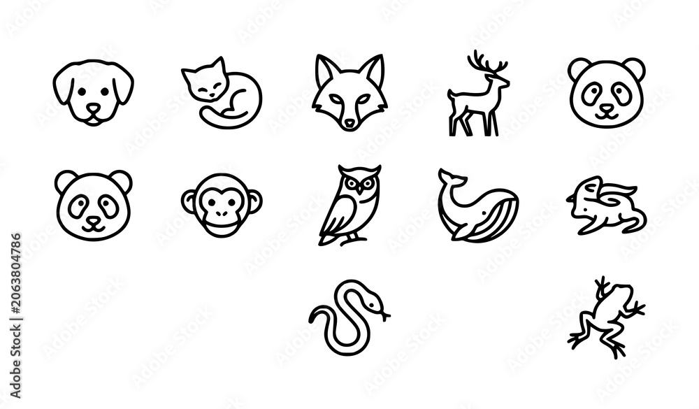 Fototapeta premium Modern animal outline symbols set featuring zoo and nature creatures for digital interface vector illustration
