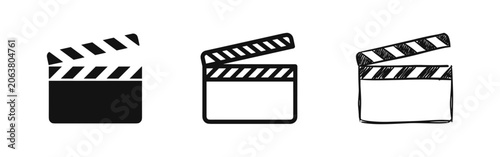 Фотография Movie clapperboard icons set in three styles solid outline and hand drawn sketch