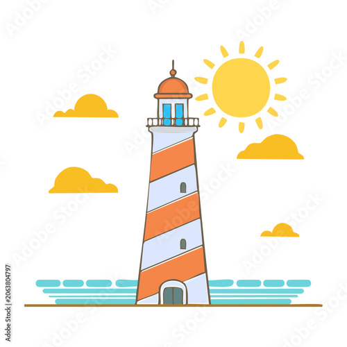Flat design lighthouse with sun and waves