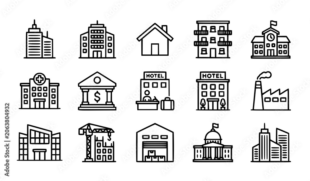Fototapeta premium Building outline icon set with architecture and city construction symbols vector design