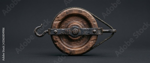 Vintage Wooden Pulley with Wrought Iron Hook and Rope