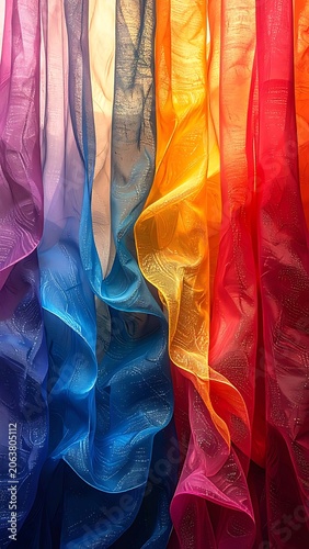 Vibrant rainbow colored fabric drapes flowing.