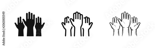 Принти на полотні Raised hands icon set in solid, outline, and hand-drawn styles representing comm