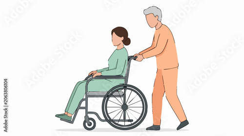 Obraz na plátně Elderly man pushing senior woman in wheelchair, disability care illustration