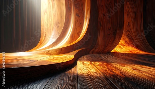 Warm golden light on wooden curves.