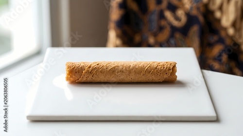 Golden brown cylindrical pastry on a white plate near a window with a blurred patterned fabric in the background