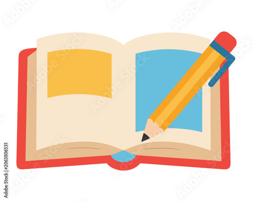 Open Book with Pencil in Bright Flat Design Representing Content Writing Publishing and Creative Work