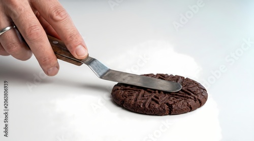 A skilled baker uses a spatula to gently spread a creamy topping onto a delicious chocolate cookie showcasing the delightful process of confectionary creation and preparation for sweet indulgence